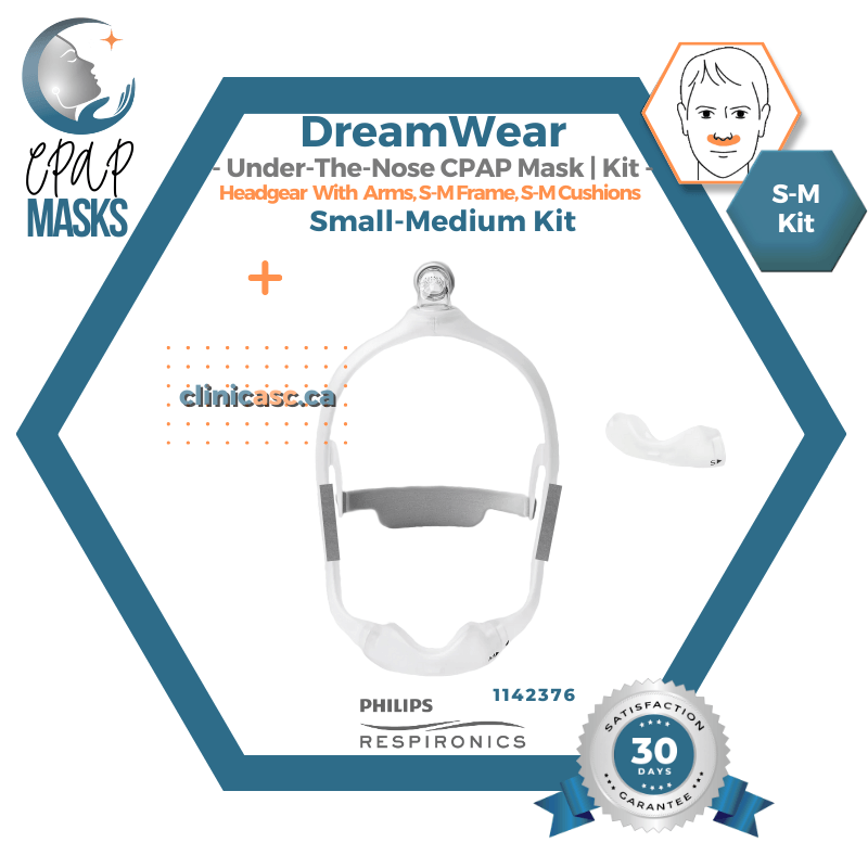 Philips DreamWear Masque CPAP sous-narinaire | Kit de départ: cadres S-M, Courroie de tête avec bras, coussins interchangeables S-M & enveloppe en tissu