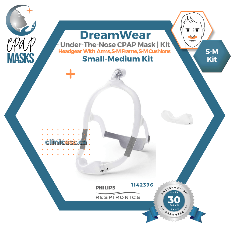 Philips DreamWear Masque CPAP sous-narinaire | Kit de départ: cadres S-M, Courroie de tête avec bras, coussins interchangeables S-M & enveloppe en tissu