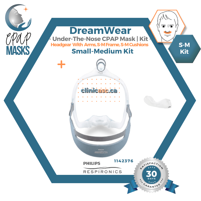 Philips DreamWear Masque CPAP sous-narinaire | Kit de départ: cadres S-M, Courroie de tête avec bras, coussins interchangeables S-M & enveloppe en tissu