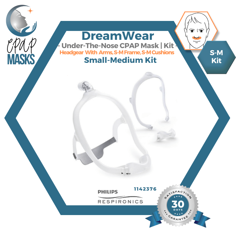 Philips DreamWear Masque CPAP sous-narinaire | Kit de départ: cadres S-M, Courroie de tête avec bras, coussins interchangeables S-M & enveloppe en tissu