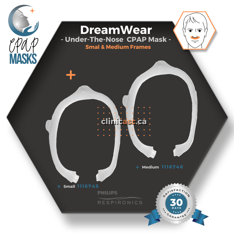 Philips DreamWear Masque CPAP sous-narinaire | Kit de départ: cadres S-M, Courroie de tête avec bras, coussins interchangeables S-M & enveloppe en tissu