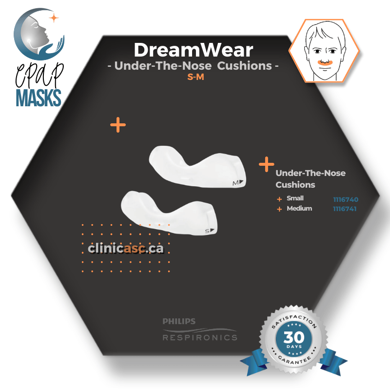Philips DreamWear Masque CPAP sous-narinaire | Kit de départ: cadres S-M, Courroie de tête avec bras, coussins interchangeables S-M & enveloppe en tissu