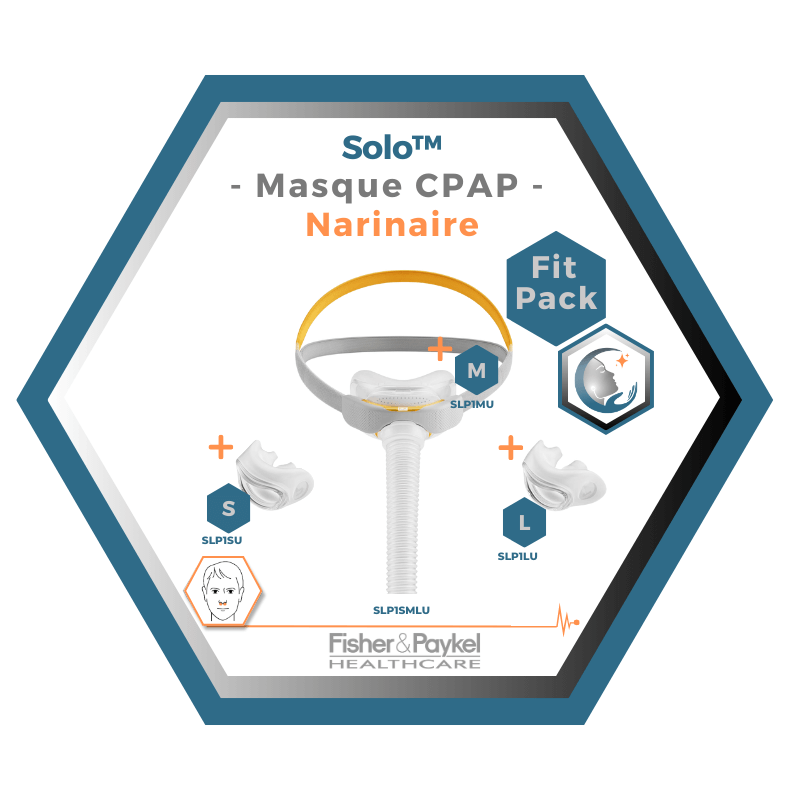 Fisher & Paykel | SOLO™ | Masque CPAP narinaire | FitPack: courroie, tube & coussins interchangeables S,M,L