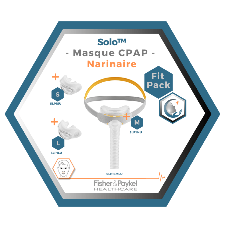 Fisher & Paykel | SOLO™ | Masque CPAP narinaire | FitPack: courroie, tube & coussins interchangeables S,M,L