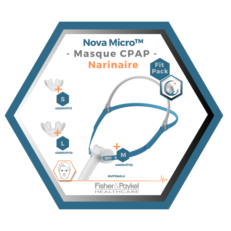Fisher & Paykel | Nova Micro™ | Masque CPAP narinaire | FitPack:courroie, tube & coussins interchangeables S,M,L-NVP1SMLU