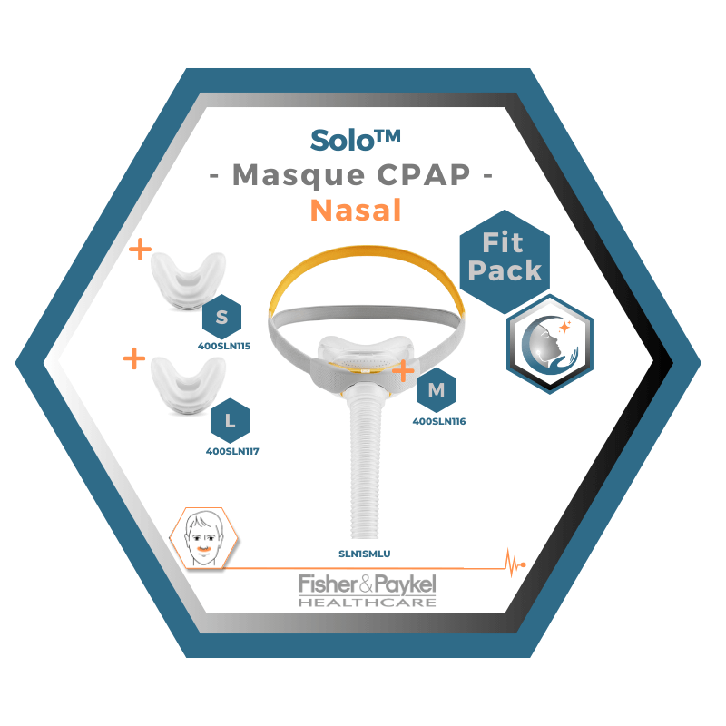 Fisher & Paykel | SOLO™ | Masque CPAP nasal | FitPack: courroie, tube & coussins interchangeables S,M,L
