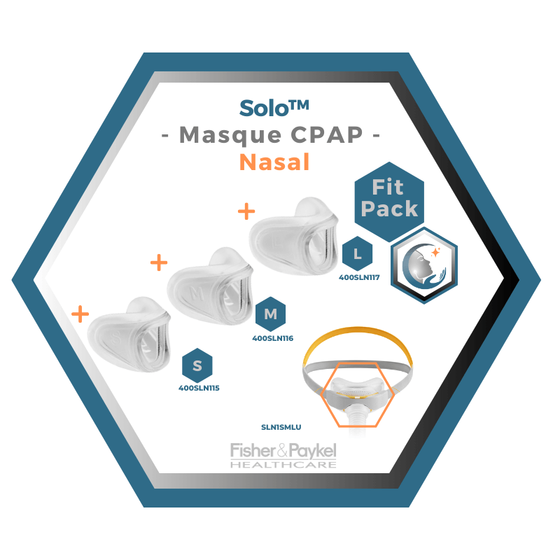 Fisher & Paykel | SOLO™ | Masque CPAP nasal | FitPack: courroie, tube & coussins interchangeables S,M,L