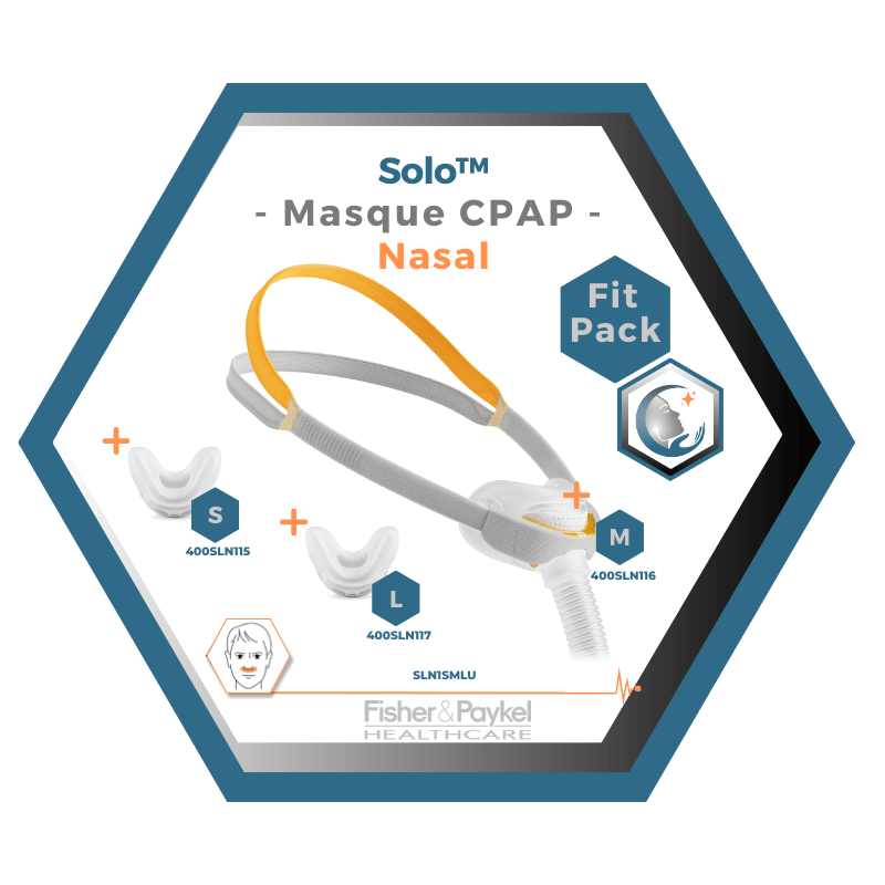 Fisher & Paykel | SOLO™ | Masque CPAP nasal | FitPack: courroie, tube & coussins interchangeables S,M,L