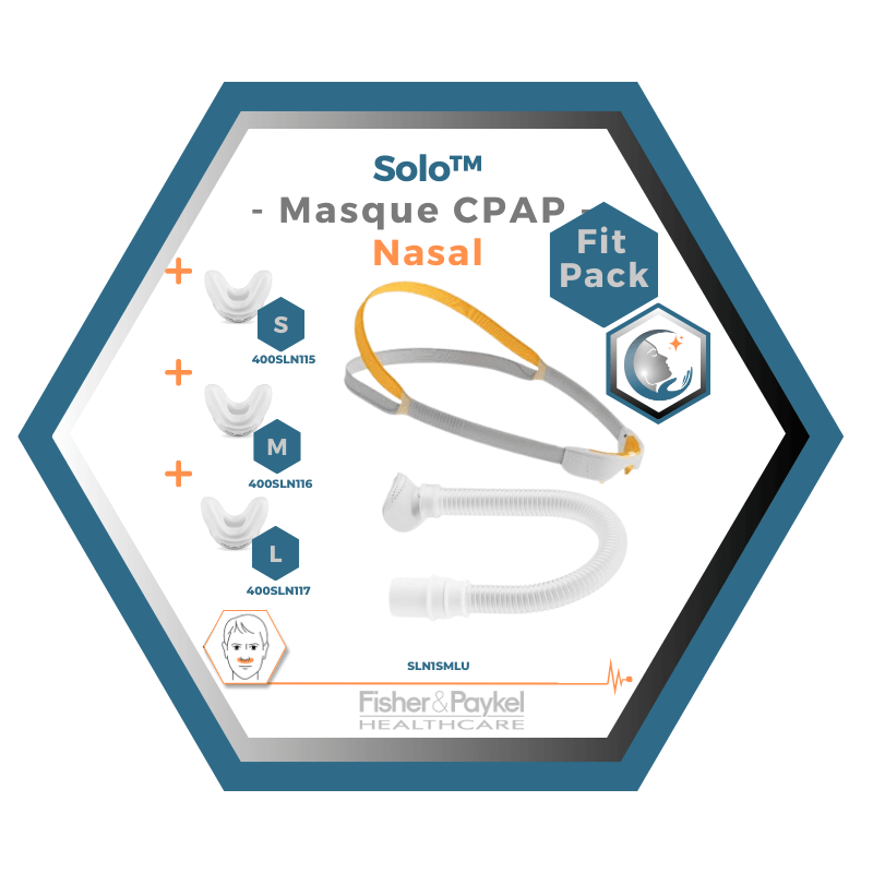 Fisher & Paykel | SOLO™ | Masque CPAP nasal | FitPack: courroie, tube & coussins interchangeables S,M,L