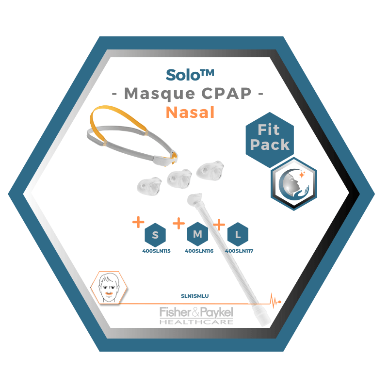 Fisher & Paykel | SOLO™ | Masque CPAP nasal | FitPack: courroie, tube & coussins interchangeables S,M,L