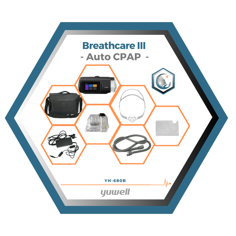 Yuwell | Breathcare III | Auto CPAP | Appareil, humidificateur, filtre, tube, masque, sac de transport