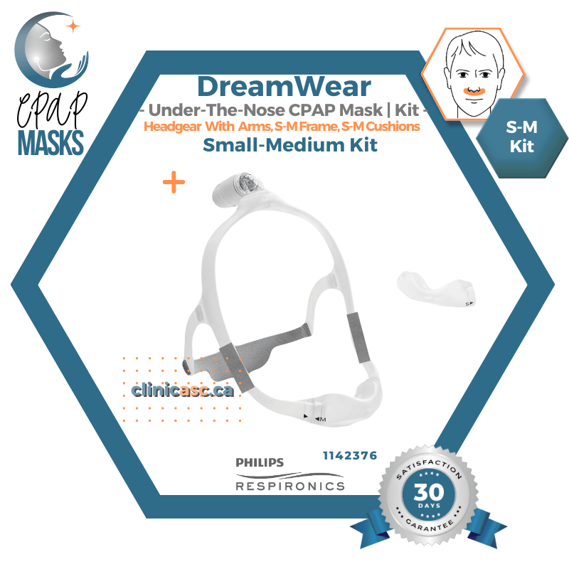 Philips DreamWear Masque CPAP sous-narinaire |Starter Kit: cadres S-M, Courroie de tête avec bras, coussins interchangeables S-M & enveloppe en tissu