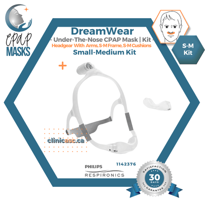 Philips DreamWear Masque CPAP sous-narinaire |Starter Kit: cadres S-M, Courroie de tête avec bras, coussins interchangeables S-M & enveloppe en tissu