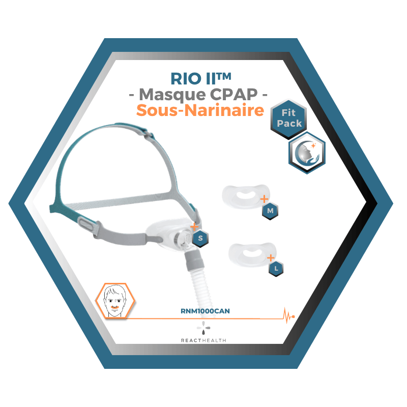 React Health | RIO II™| Masque CPAP Sous-Narinaire| FitPack: harnais,cadre, tube & coussins interchangeables S,M,L
