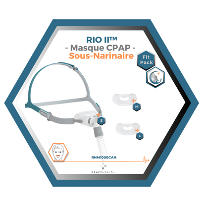 React Health | RIO II™| Masque CPAP Sous-Narinaire| FitPack: harnais,cadre, tube & coussins interchangeables S,M,L