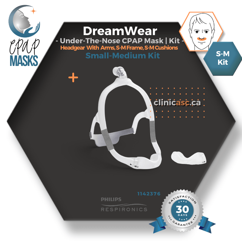 Philips DreamWear Masque CPAP sous-narinaire |Starter Kit: cadres S-M, Courroie de tête avec bras, coussins interchangeables S-M & enveloppe en tissu