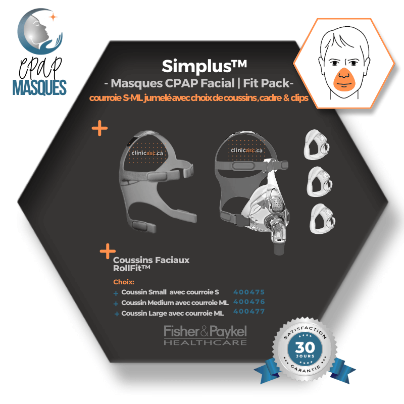 Fisher & Paykel Simplus™ Masque CPAP facial | FitPack: courroie jumelé avec coussins S-M-L & clips