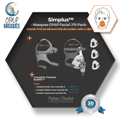 Fisher & Paykel Simplus™ Masque CPAP facial | FitPack: courroie jumelé avec coussins S-M-L & clips