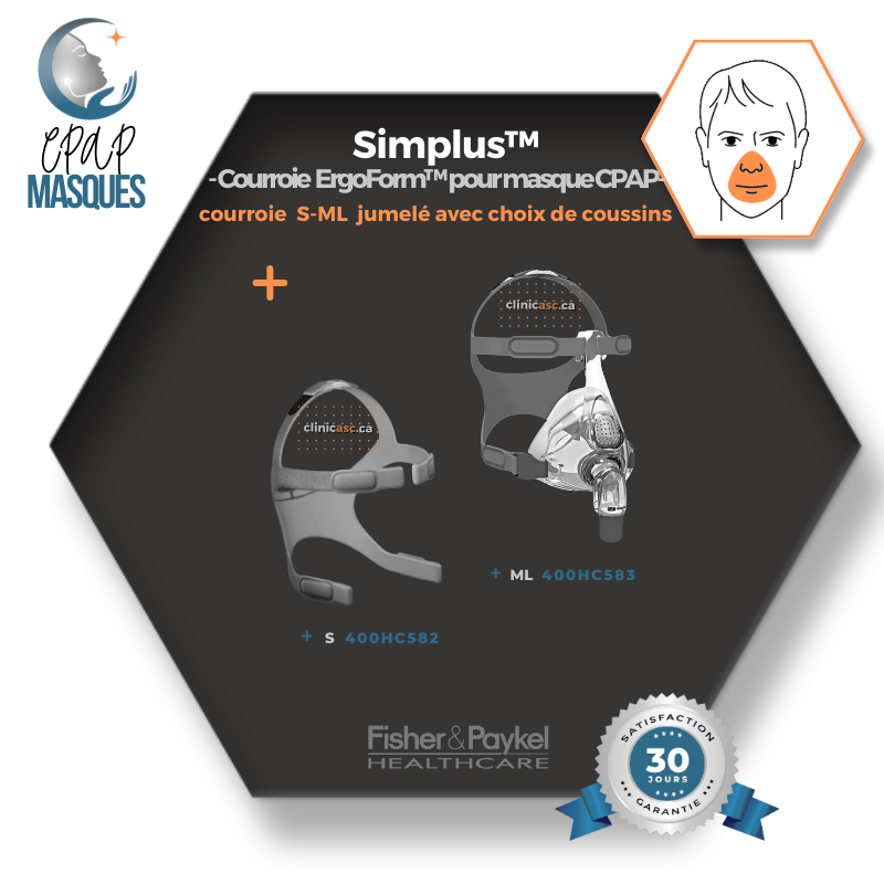 Fisher & Paykel Simplus™ Masque CPAP facial | FitPack: courroie jumelé avec coussins S-M-L & clips