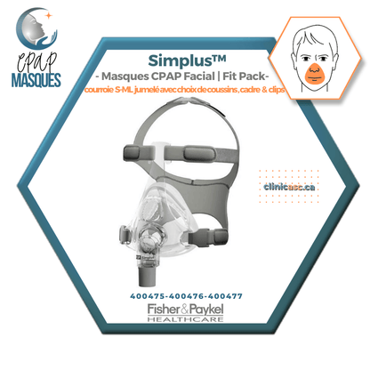 Fisher & Paykel Simplus™ Masque CPAP facial | FitPack: courroie jumelé avec coussins S-M-L & clips