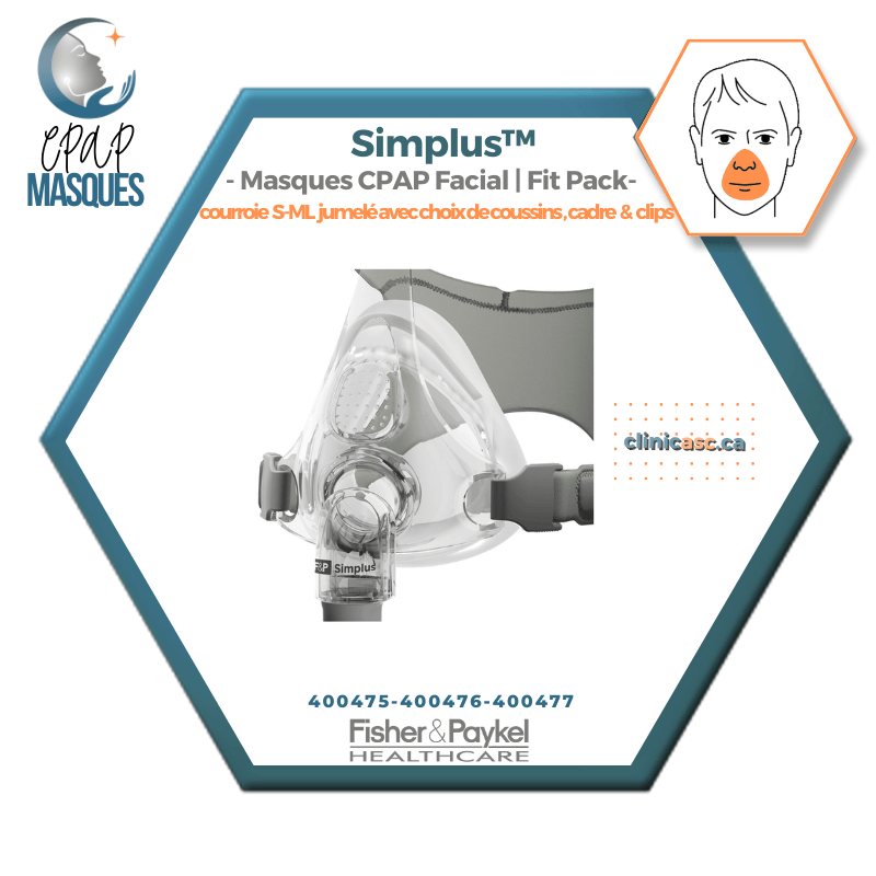 Fisher & Paykel Simplus™ Masque CPAP facial | FitPack: courroie jumelé avec coussins S-M-L & clips