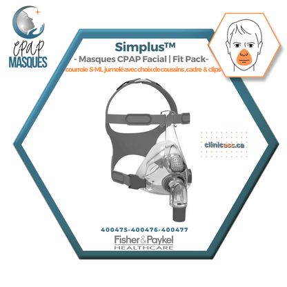 Fisher & Paykel Simplus™ Masque CPAP facial | FitPack: courroie jumelé avec coussins S-M-L & clips