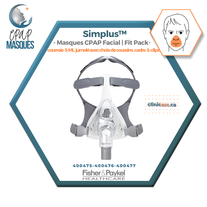 Fisher & Paykel Simplus™ Masque CPAP facial | FitPack: courroie jumelé avec coussins S-M-L & clips