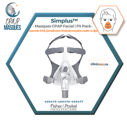 Fisher & Paykel Simplus™ Masque CPAP facial | FitPack: courroie jumelé avec coussins S-M-L & clips