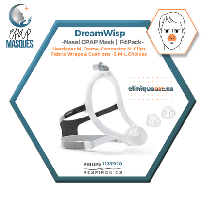 Philips DreamWisp™ Nasal CPAP Mask | FitPack: frame, M connector, M strap, clips, interchangeable SML cushions &amp; fabric covers