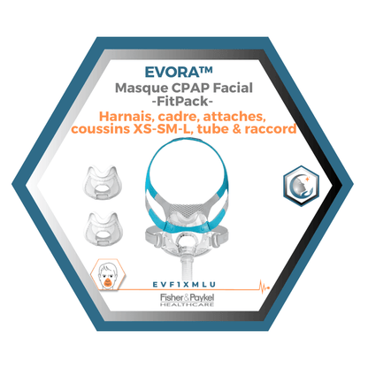 Fisher & Paykel | Evora™ | Masque Facial CPAP | FitPack Modèle U: Courroie, cadre,attaches, coussins XS,SM,L tube & raccord -EVF1XMLU