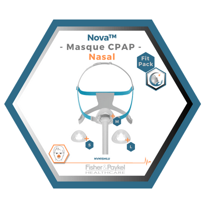 Fisher & Paykel | Nova™| Masque CPAP Nasal | FitPack: courroie, tube & coussins interchangeables S,M,L