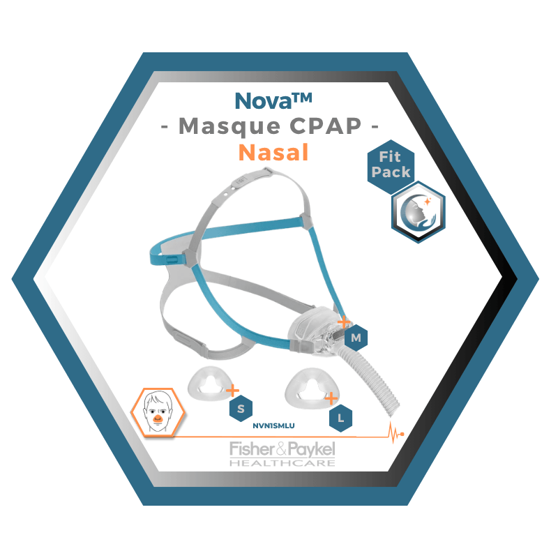 Fisher & Paykel | Nova™| Masque CPAP Nasal | FitPack: courroie, tube & coussins interchangeables S,M,L