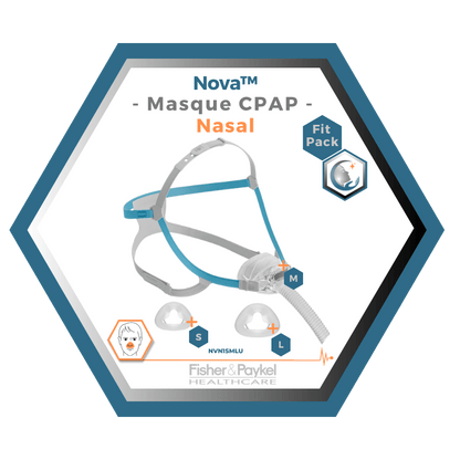 Fisher & Paykel | Nova™| Masque CPAP Nasal | FitPack: courroie, tube & coussins interchangeables S,M,L