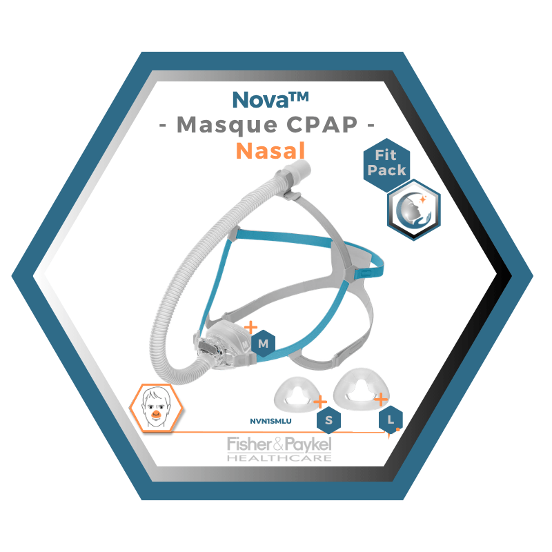 Fisher & Paykel | Nova™| Masque CPAP Nasal | FitPack: courroie, tube & coussins interchangeables S,M,L