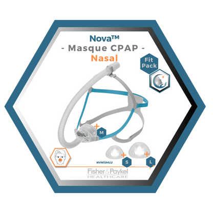 Fisher & Paykel | Nova™| Masque CPAP Nasal | FitPack: courroie, tube & coussins interchangeables S,M,L