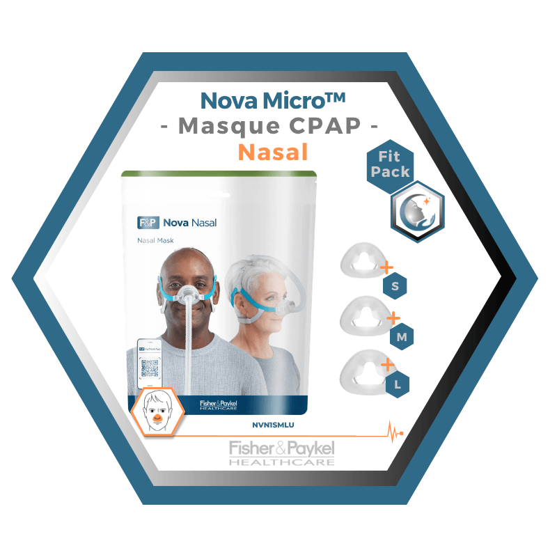 Fisher & Paykel | Nova Micro™ | Masque CPAP Nasal | FitPack: courroie, tube & coussins interchangeables S,M,L-NVN1SMLU
