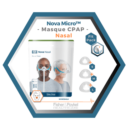 Fisher & Paykel | Nova Micro™ | Masque CPAP Nasal | FitPack: courroie, tube & coussins interchangeables S,M,L-NVN1SMLU