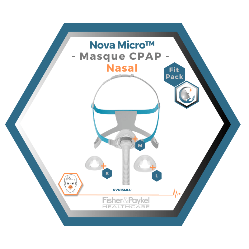 Fisher & Paykel | Nova Micro™ | Masque CPAP Nasal | FitPack: courroie, tube & coussins interchangeables S,M,L-NVN1SMLU