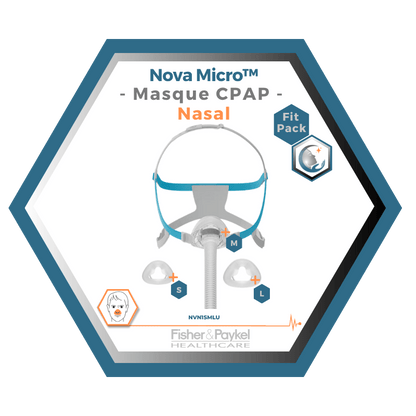 Fisher & Paykel | Nova Micro™ | Masque CPAP Nasal | FitPack: courroie, tube & coussins interchangeables S,M,L-NVN1SMLU