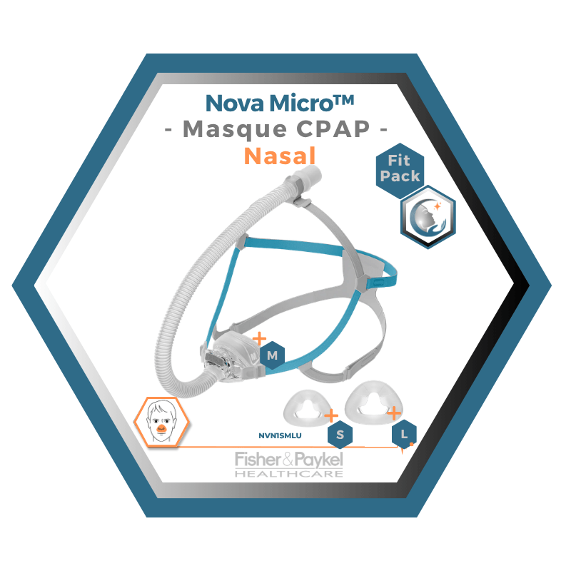 Fisher & Paykel | Nova Micro™ | Masque CPAP Nasal | FitPack: courroie, tube & coussins interchangeables S,M,L-NVN1SMLU