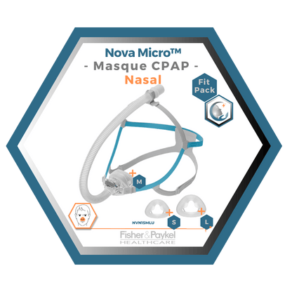 Fisher & Paykel | Nova Micro™ | Masque CPAP Nasal | FitPack: courroie, tube & coussins interchangeables S,M,L-NVN1SMLU