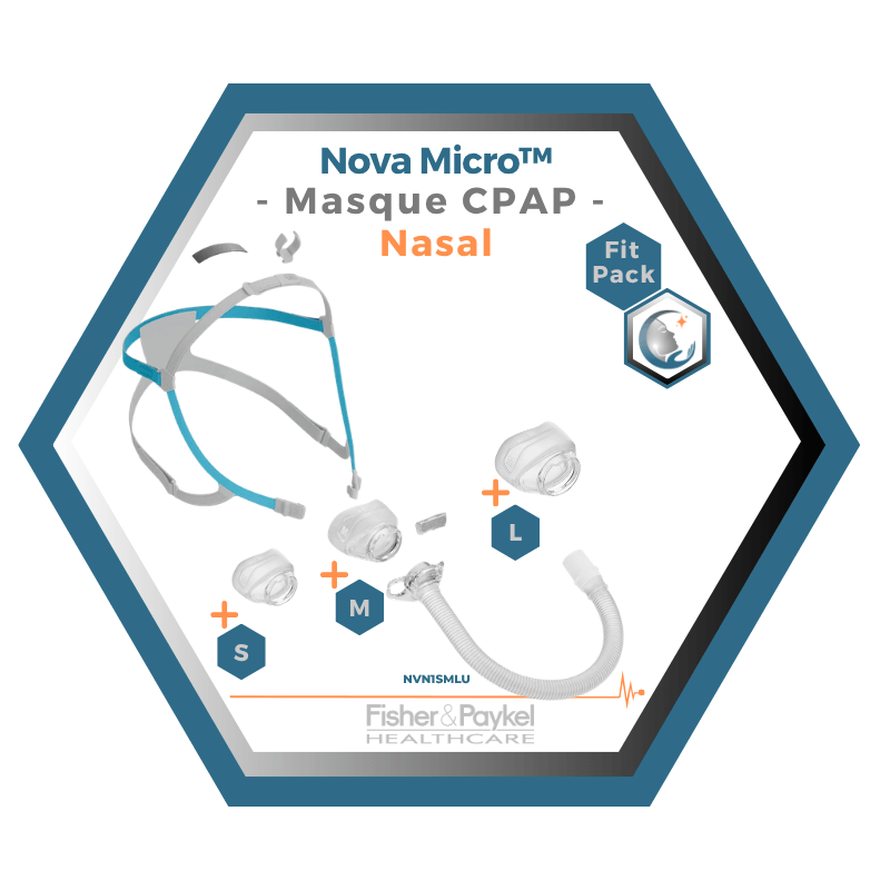 Fisher & Paykel | Nova Micro™ | Masque CPAP Nasal | FitPack: courroie, tube & coussins interchangeables S,M,L-NVN1SMLU