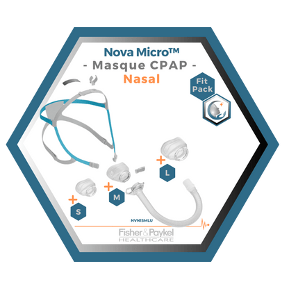 Fisher & Paykel | Nova Micro™ | Masque CPAP Nasal | FitPack: courroie, tube & coussins interchangeables S,M,L-NVN1SMLU