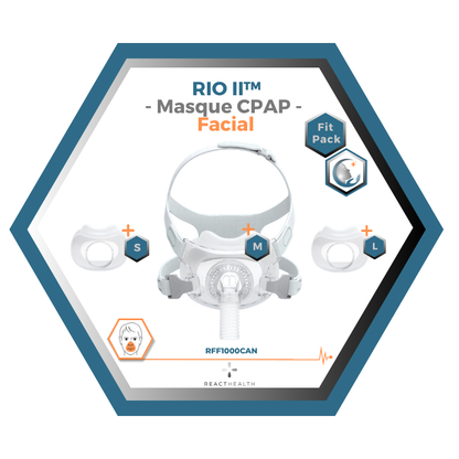 React Health | RIO II™| Masque CPAP Facial | FitPack: harnais,cadre & coussins interchangeables S,M,L