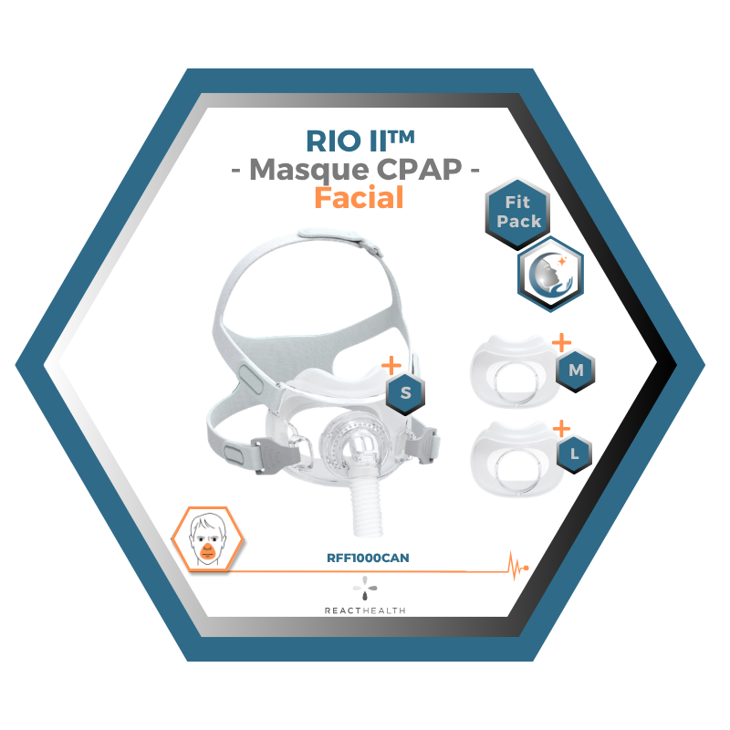 React Health | RIO II™| Masque CPAP Facial | FitPack: harnais,cadre & coussins interchangeables S,M,L
