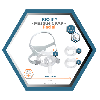 React Health | RIO II™| Masque CPAP Facial | FitPack: harnais,cadre & coussins interchangeables S,M,L