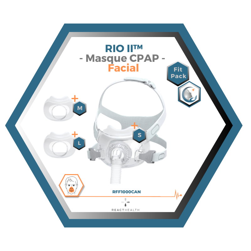 React Health | RIO II™| Masque CPAP Facial | FitPack: harnais,cadre & coussins interchangeables S,M,L