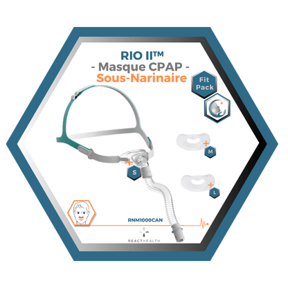 React Health | RIO II™| Masque CPAP Sous-Narinaire| FitPack: harnais,cadre, tube & coussins interchangeables S,M,L