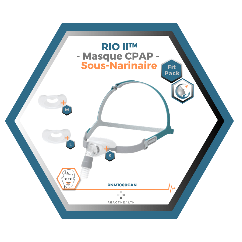 React Health | RIO II™| Masque CPAP Sous-Narinaire| FitPack: harnais,cadre, tube & coussins interchangeables S,M,L