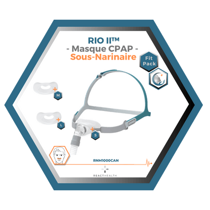 React Health | RIO II™| Masque CPAP Sous-Narinaire| FitPack: harnais,cadre, tube & coussins interchangeables S,M,L